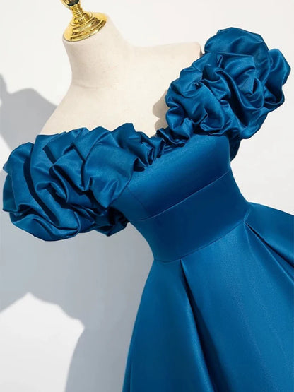A-Line Off Shoulder Satin Blue Long Prom Dress, Blue Long Formal Dress ED014