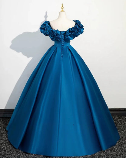 A-Line Off Shoulder Satin Blue Long Prom Dress, Blue Long Formal Dress ED014