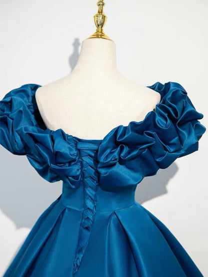 A-Line Off Shoulder Satin Blue Long Prom Dress, Blue Long Formal Dress ED014
