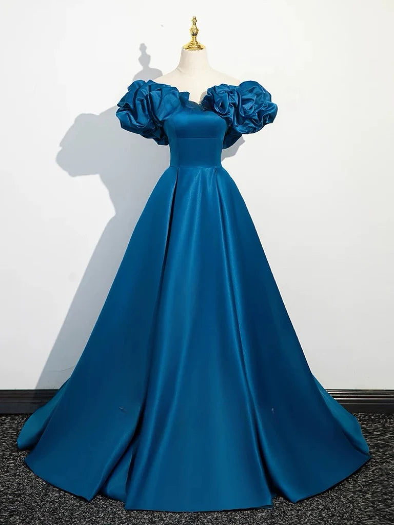 A-Line Off Shoulder Satin Blue Long Prom Dress, Blue Long Formal Dress ED014