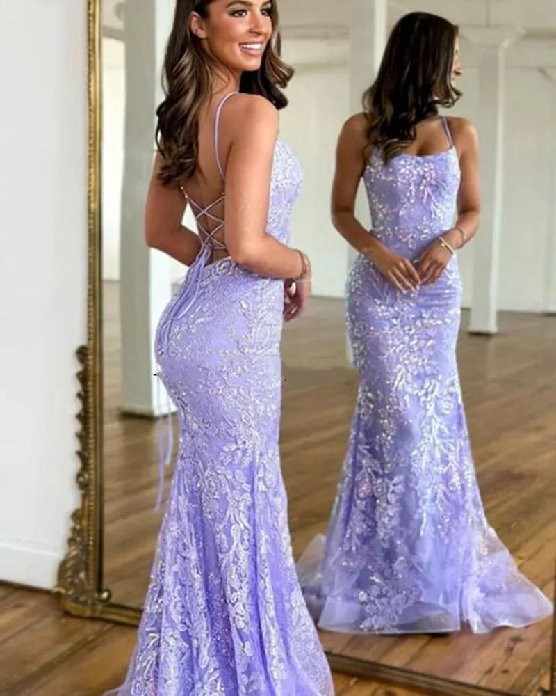 Robe de bal longue en dentelle à décolleté plongeant style sirène ED01404