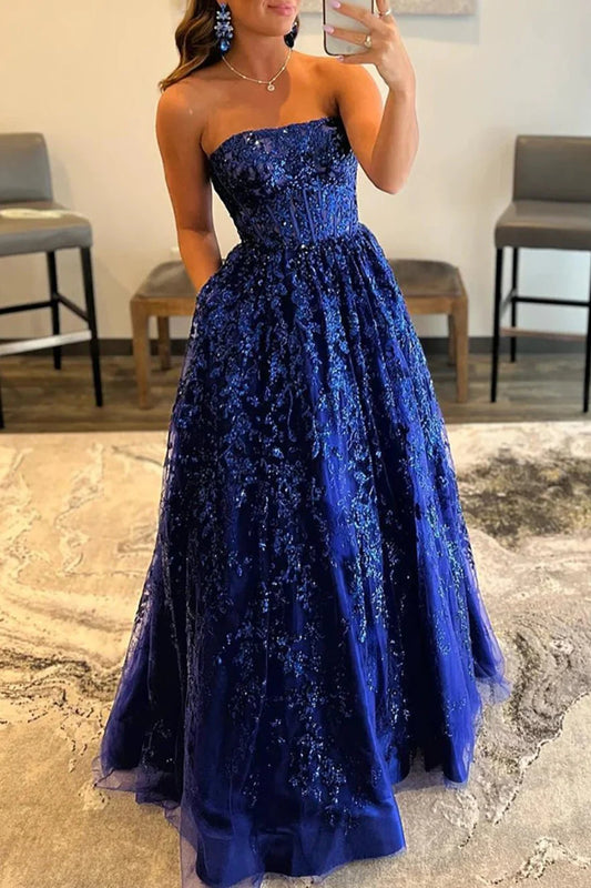 A-line Sequined Lace Strapless Long Prom Dress with Pocketss ED01405