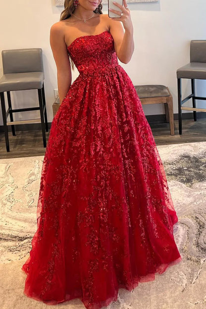 A-line Sequined Lace Strapless Long Prom Dress with Pocketss ED01405