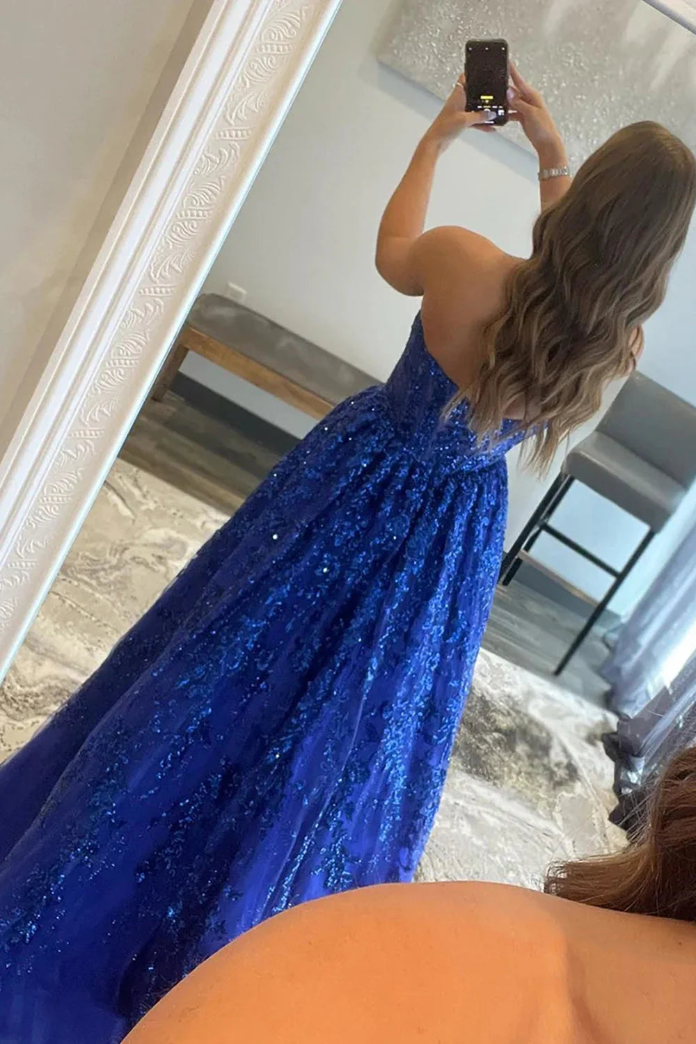 A-line Sequined Lace Strapless Long Prom Dress with Pocketss ED01405