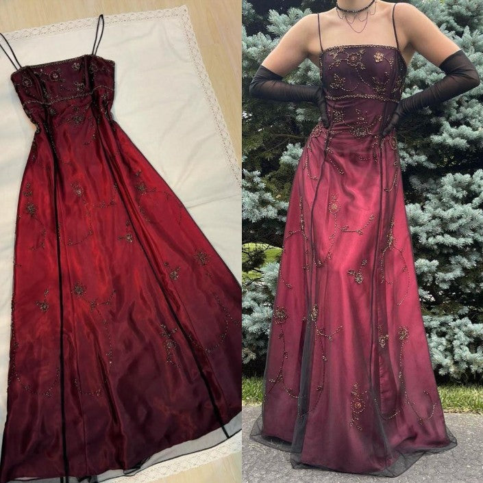 Retro gradient red spaghetti strap backless lace-up design beaded applique long prom dress