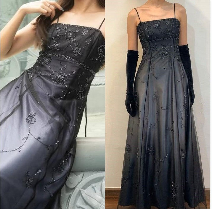 Retro gradient Grey spaghetti strap backless lace-up design beaded applique long prom dress