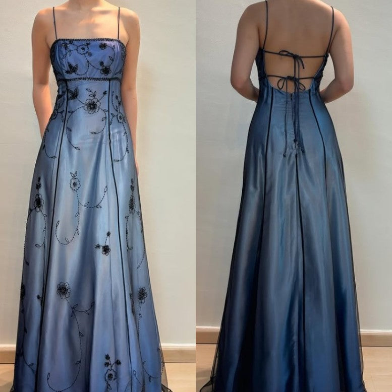 Retro gradient blue spaghetti strap backless lace-up design beaded applique long prom dress