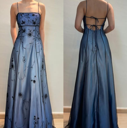 Retro gradient blue spaghetti strap backless lace-up design beaded applique long prom dress