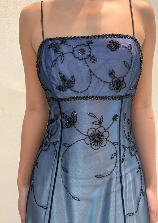 Retro gradient blue spaghetti strap backless lace-up design beaded applique long prom dress
