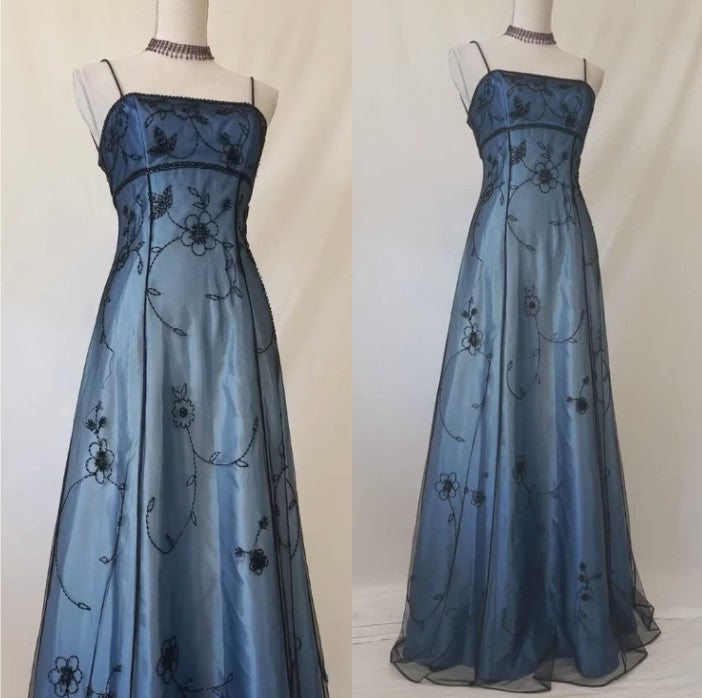 Retro gradient blue spaghetti strap backless lace-up design beaded applique long prom dress