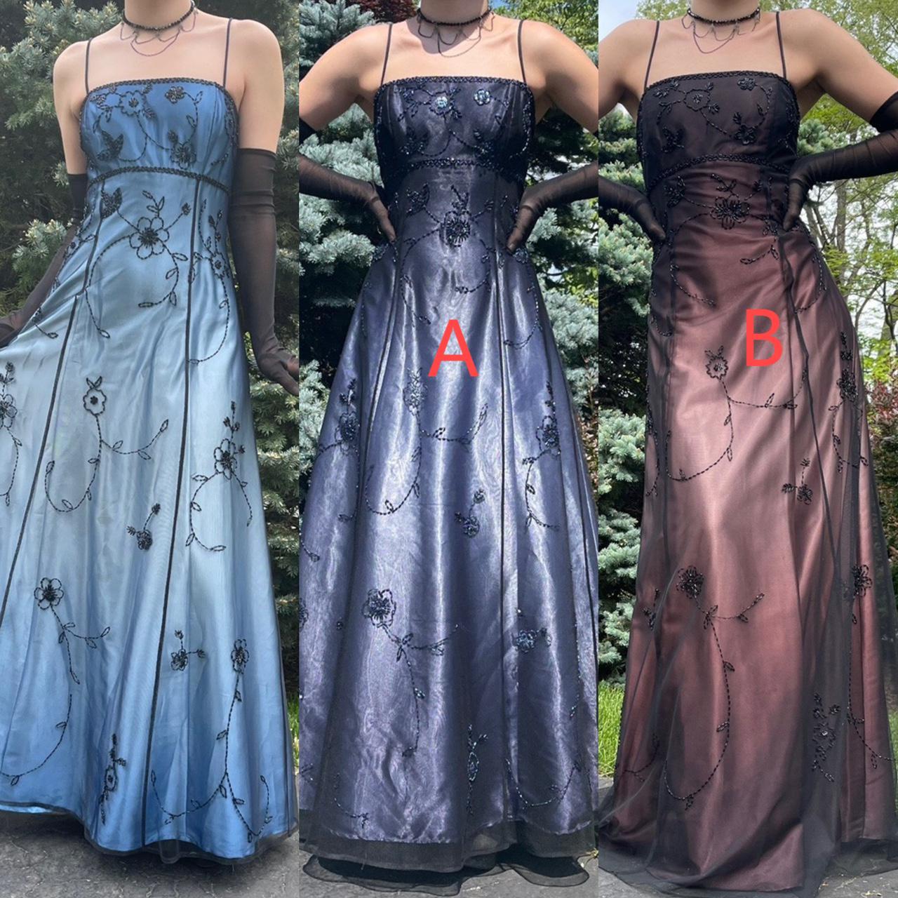 Retro gradient navy blue/reddish brown spaghetti strap backless lace-up design beaded applique long prom dress