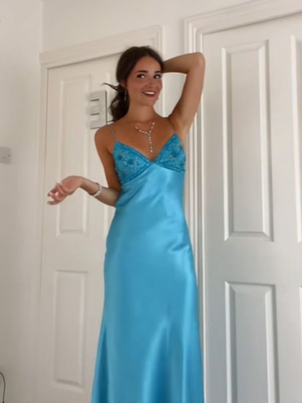 Elegant Blue🩵 Spaghetti Strap Mermaid Gown for Prom&Party Sleeveless Satin Vintage Formal Evening Dress