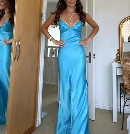 Elegant Blue🩵 Spaghetti Strap Mermaid Gown for Prom&Party Sleeveless Satin Vintage Formal Evening Dress