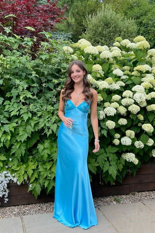 Elegant Blue🩵 Spaghetti Strap Mermaid Gown for Prom&Party Sleeveless Satin Vintage Formal Evening Dress