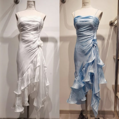 Vintage Spaghetti Straps Chiffon Satin Ruffled Prom Dresses Fairytale Party Dresses ED01410