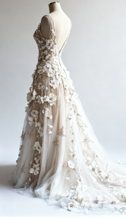 💍Retro A-Linie V-Ausschnitt Tüll 3D-Applikation Brautkleid Einfaches Perlenbesetztes Abendkleid ED01411
