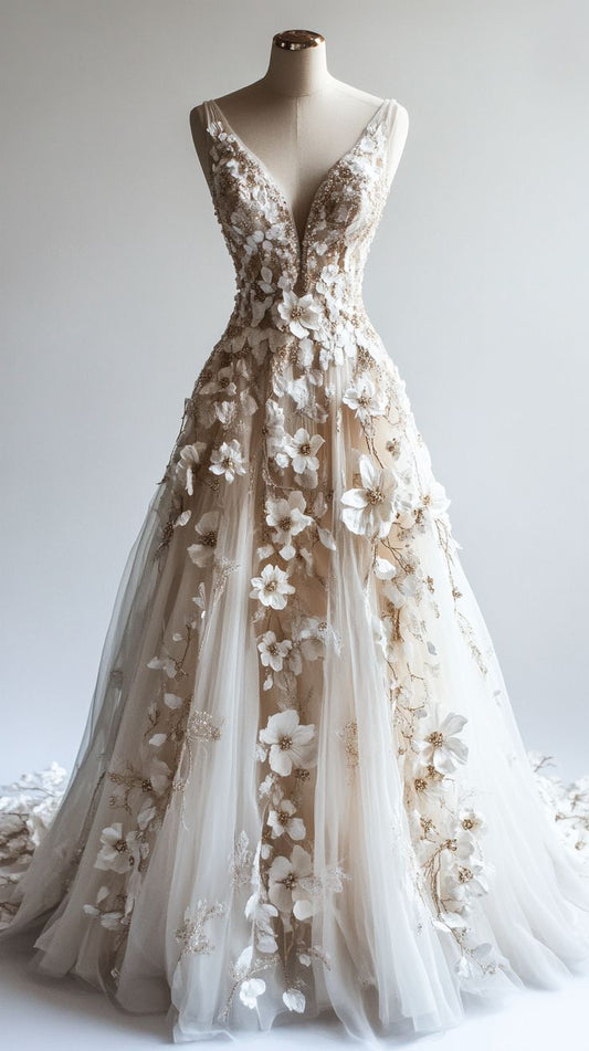 💍Retro A-line V-neck Tulle 3D Applique Wedding Dress Simple Beaded Ball Gown ED01411