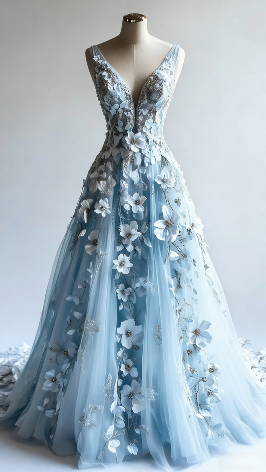 Robe de mariée rétro trapèze à col en V en tulle avec appliques 3D et perles simples, robe de soirée ED01411