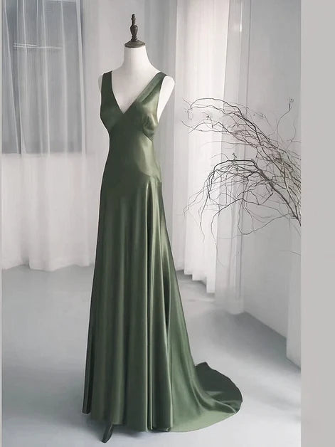Charming A-Line Dark Green SatinV-Neckline Low Back Prom Dress, Dark Green Formal Dress ED01413