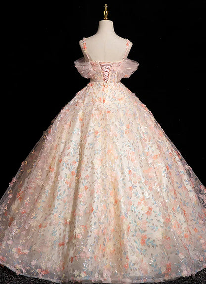 Robe de bal longue rose trapèze à bretelles spaghetti en dentelle et tulle, décolleté en cœur, épaules dénudées, robe Sweet 16 ED01414