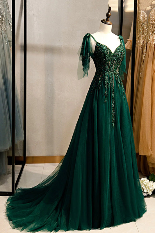Green A-line V-Neck Tulle Beaded Long Prom Dress, Elegant Spaghetti Straps Lace Evening Dress ED01416