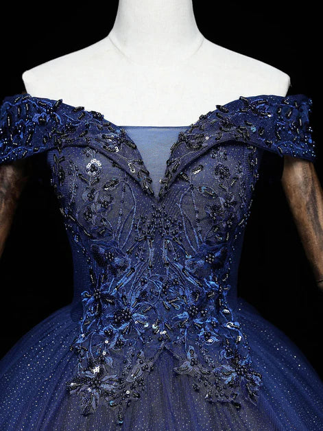 Robe de soirée trapèze bleu marine en tulle, épaules dénudées, avec perles et dentelle, robe de bal bleu marine à paillettes ED01418