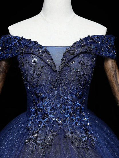 Robe de soirée trapèze bleu marine en tulle, épaules dénudées, avec perles et dentelle, robe de bal bleu marine à paillettes ED01418