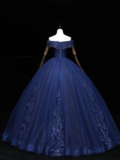Robe de soirée trapèze bleu marine en tulle, épaules dénudées, avec perles et dentelle, robe de bal bleu marine à paillettes ED01418