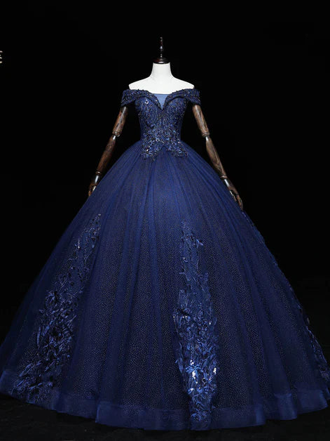 Robe de soirée trapèze bleu marine en tulle, épaules dénudées, avec perles et dentelle, robe de bal bleu marine à paillettes ED01418