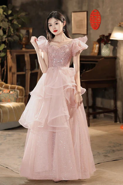 Robe de bal longue rose trapèze à épaules dénudées en tulle et paillettes, robe rose Sweet 16 ED01419
