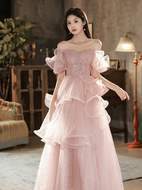 Robe de bal longue rose trapèze à épaules dénudées en tulle et paillettes, robe rose Sweet 16 ED01419