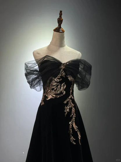 Black A-line Off Shoulder Tulle Velvet Long Prom Dress,Sequin Formal Evening Dress ED01420
