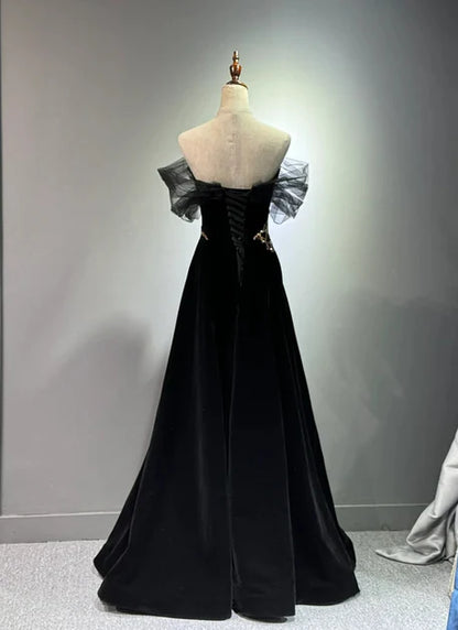 Black A-line Off Shoulder Tulle Velvet Long Prom Dress,Sequin Formal Evening Dress ED01420