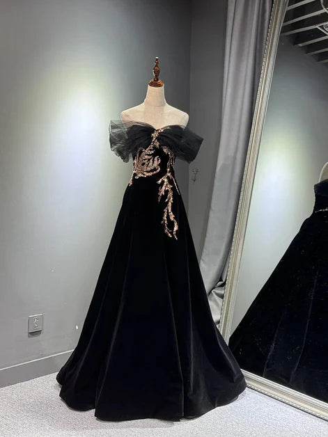 Schwarzes A-Linien-Ballkleid mit schulterfreiem Tüll und Samt, langes Ballkleid mit Pailletten, formelles Abendkleid ED01420