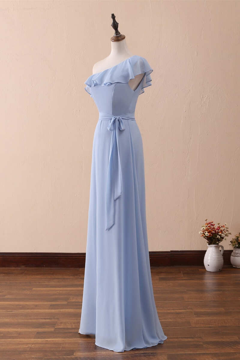 Periwinkle A-Line One-Shoulder Ruffled Chiffon Long Bridesmaid Dress Prom Dress ED01421