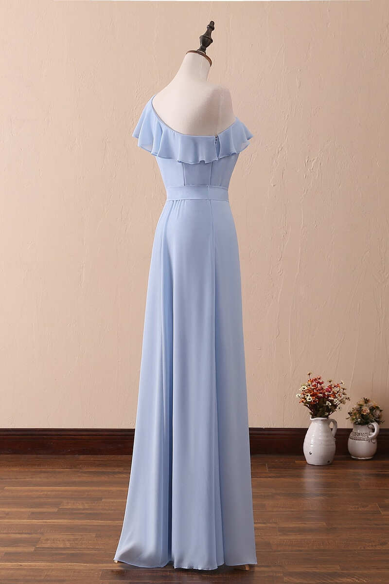 Periwinkle A-Line One-Shoulder Ruffled Chiffon Long Bridesmaid Dress Prom Dress ED01421