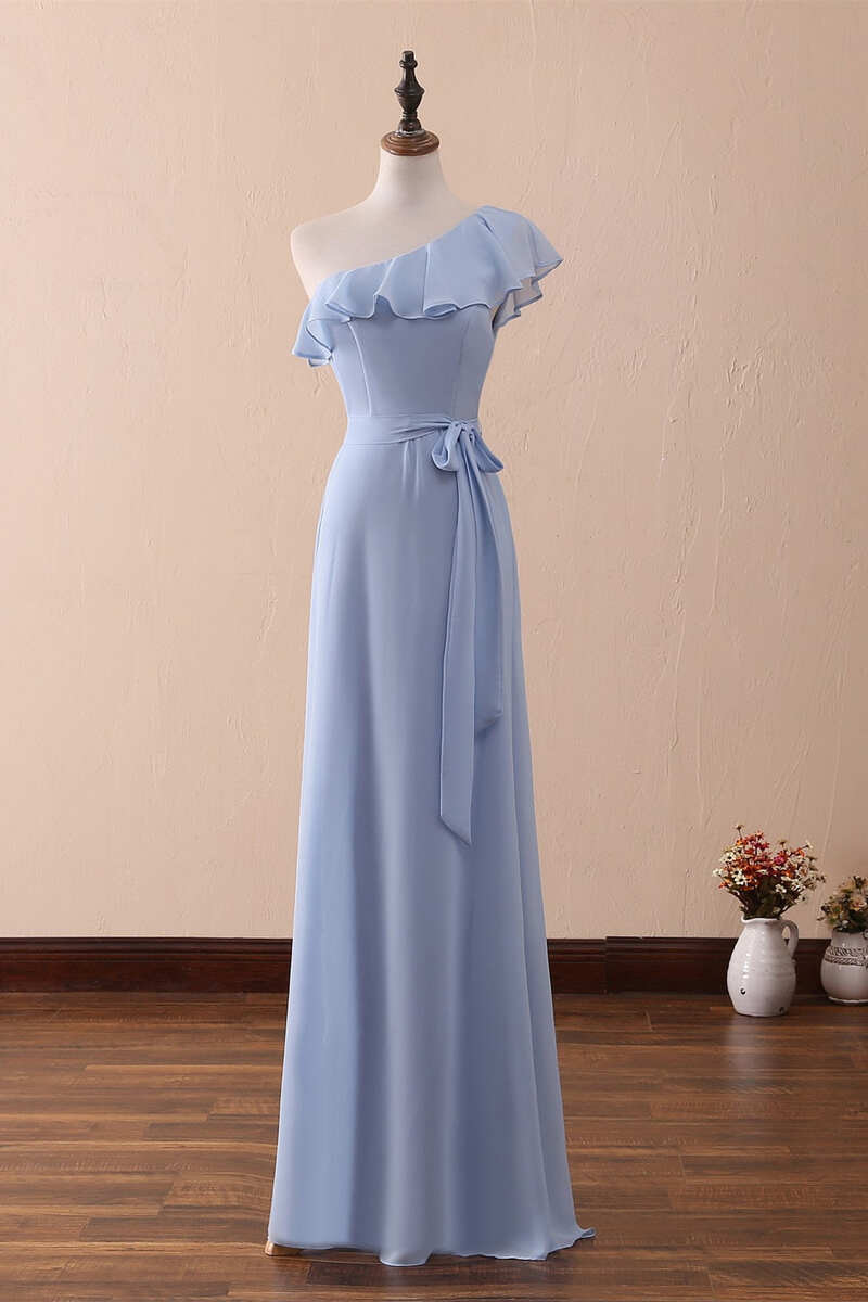 Periwinkle A-Line One-Shoulder Ruffled Chiffon Long Bridesmaid Dress Prom Dress ED01421