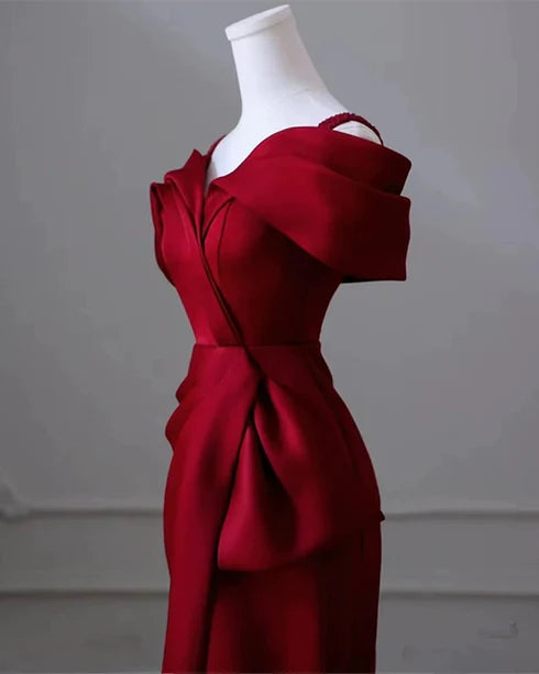 Robe de bal longue en satin bordeaux à épaules dénudées et sirène, robe de soirée simple ED01422