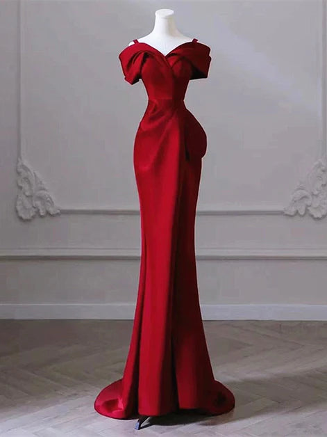 Robe de bal longue en satin bordeaux à épaules dénudées et sirène, robe de soirée simple ED01422