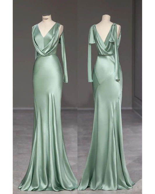 Sage Mermaid Satin V-neck Long Prom Dress Dress, Simple Evening Dress ED01423