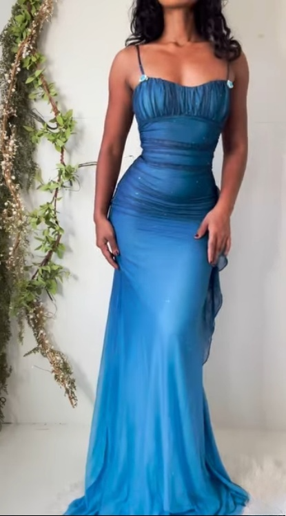 Unique💎 Gradient Blue Mermaid Gown for Party&Quinceanera- Spaghetti Straps Glitter Chiffon Long Prom&Evening Dress  ED01424