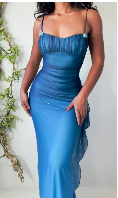Unique💎 Gradient Blue Mermaid Gown for Party&Quinceanera- Spaghetti Straps Glitter Chiffon Long Prom&Evening Dress  ED01424