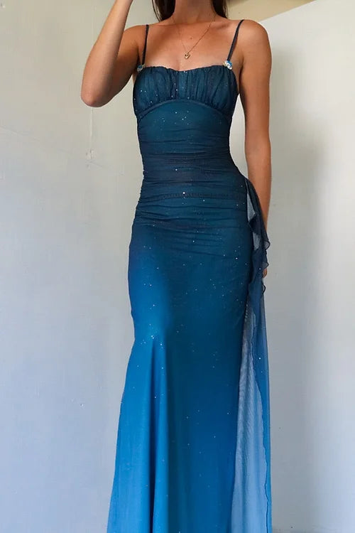 Unique Gradient Blue Mermaid Gown for Party&Quinceanera- Spaghetti Straps Glitter Chiffon Long Prom&Evening Dress  