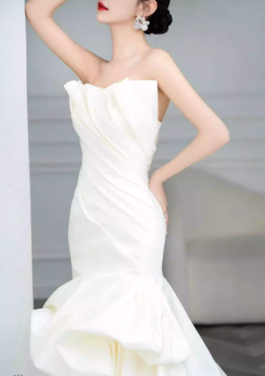 Ivory Strapless Mermaid  Wedding Dresses, Tulle Satin Tender Sleeveless Bridal Gowns  ED01425