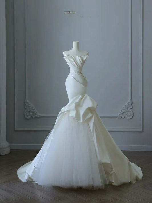 Ivory Mermaid Strapless Satin Wedding Dress, Tender Long Prom Dress ED01425