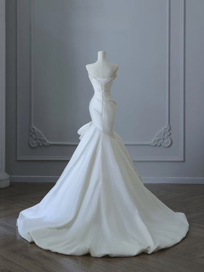 Ivory Mermaid Strapless Satin Wedding Dress, Tender Long Prom Dress ED01425