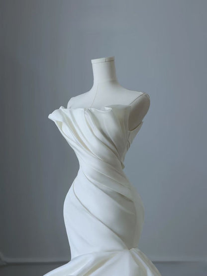 Ivory Mermaid Strapless Satin Wedding Dress, Tender Long Prom Dress ED01425