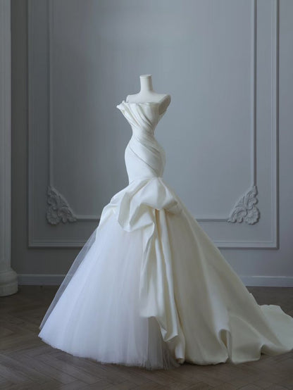 Ivory Mermaid Strapless Satin Wedding Dress, Tender Long Prom Dress ED01425