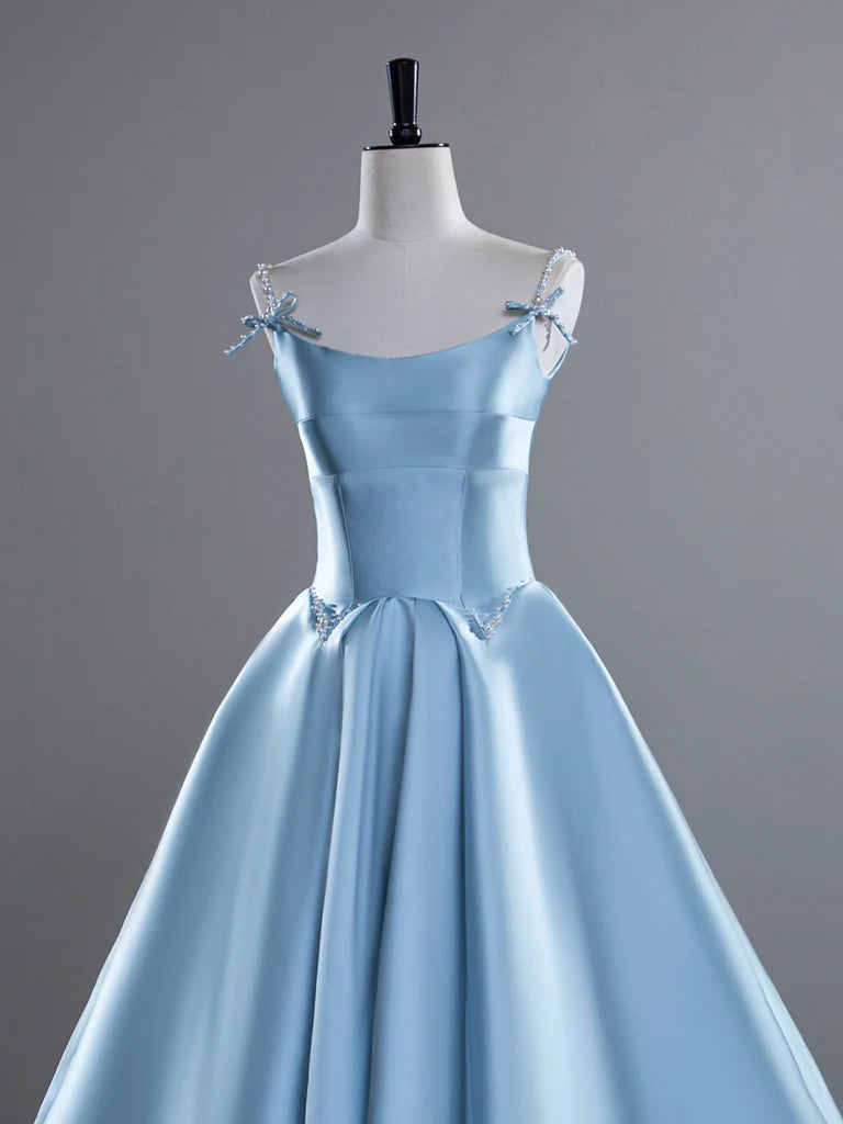 Robe de bal longue en satin bleu à bretelles spaghetti, coupe trapèze, robe de soirée longue bleue ED01426