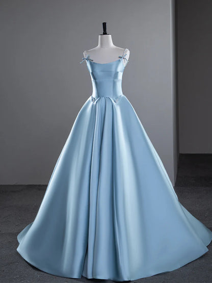 Robe de bal longue en satin bleu à bretelles spaghetti, coupe trapèze, robe de soirée longue bleue ED01426